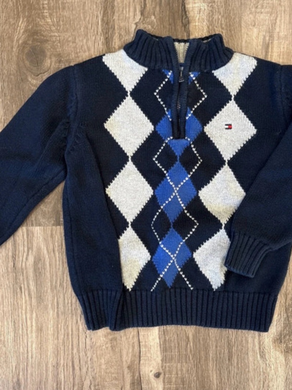 Tommy Hilfiger Navy Blue & Gray Argyle Zip Mock-Neck Sweater